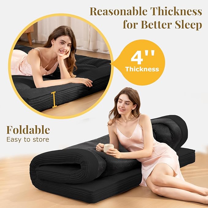 Japanese Floor Mattress, 4" Thicken Futon Mattress Full Size Sleeping Pad, Corduroy Foldable Floor Pad, Roll Up Tatami Mat for Adults Guest Room Bedroom, Black