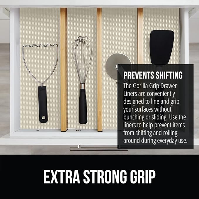 GORILLA GRIP powerGRIP Drawer Shelf and Cabinet Liner, Thick Strong Hold, Non-Adhesive Liners Protect Kitchen Cabinets and Cupboard, Bathroom Drawers, Easy Install, Breathable Mat, 12" x30', Cream