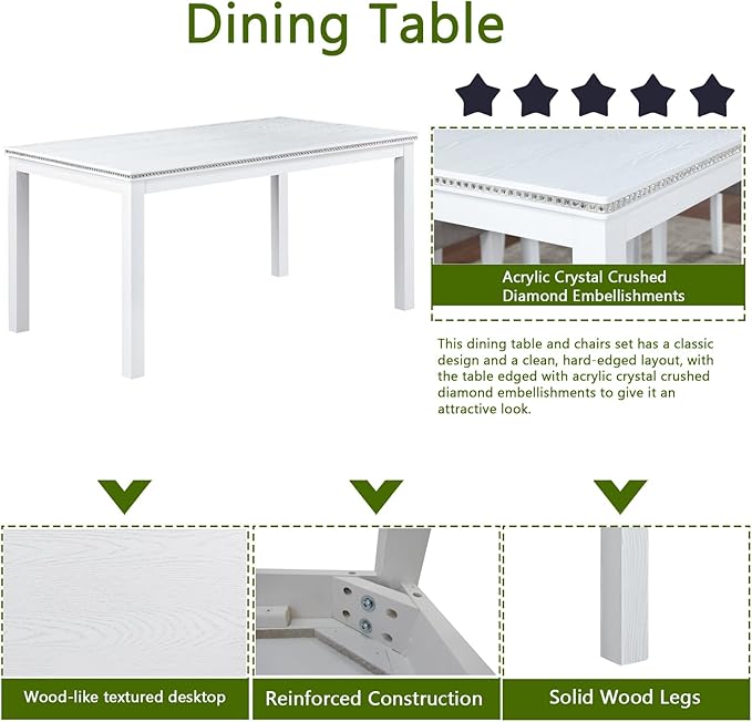 soges 6 Piece Wooden Dining Table Set, Dining Room Table with 4 Upholstered Chairs and Bench, Rectangular 6-Person Kitchen Dining Table Set with Crystal Decoration, White