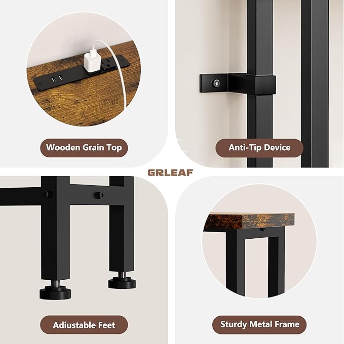 GRLEAF 63" Narrow Console Sofa Table with Built-in Power Strip (4 AC Outlets & 4 USB Ports) – 4.9ft Power Cord, Metal Frame, Easy Assembly, Ideal for Behind Couch, Hallway, and Office | Rustic Brown