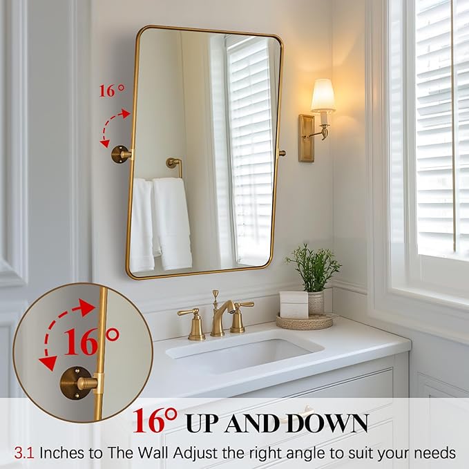 ANDY STAR Gold Pivot Mirror, 20" x 28" Brushed Brass Metal Frame Vanity Mirrors for Over Sink, Farmhouse Rectangle Bathroom Mirror with Adjustable Tilting Design Wall Mounted