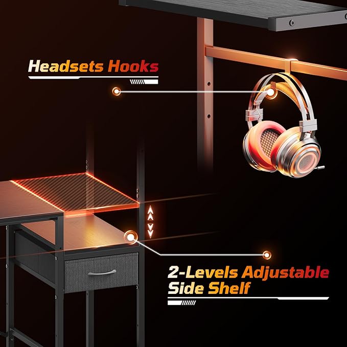 Bestier Gaming Desk with LED Lights, 44 Inch Reversible Computer Desk with Drawers & Storage Shelves for Small Spaces, PC Gamer Table with Storage Bag & Side Hook, Carbon Fiber Black-RED