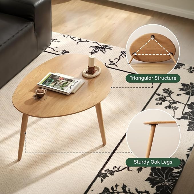 Small Oval Coffee Table, 25.6" Mid Century Modern End Table for Living Room, 100% Solid Oak Wood Center Table, Side Table (Original Wood Color, 25.59''Wx17.51''Dx19.68''H)
