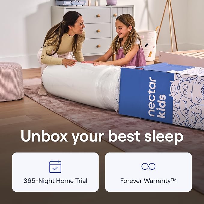 Nectar Kids Full Mattress 8” - 2-Sided Design for Growing Children - Machine Washable Cooling Cover - Pressure Relieving Memory Foam - Fiberglass Free - 365 Night Trial
