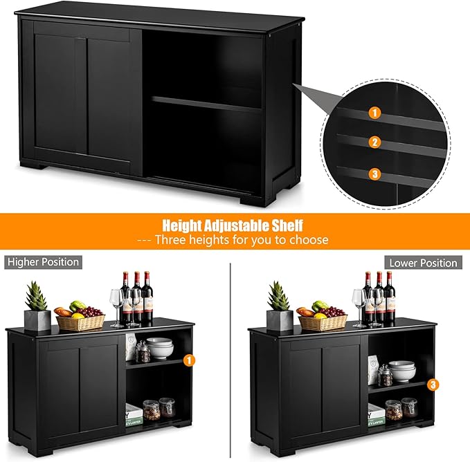 Costzon Sideboard Buffet Cabinet, Wooden Kitchen Storage Cabinet with Adjustable Shelf, Sliding Barn Door, Accent Coffee Bar Cabinet Console Table for Living Room, Dining Room, Hallway (Black)