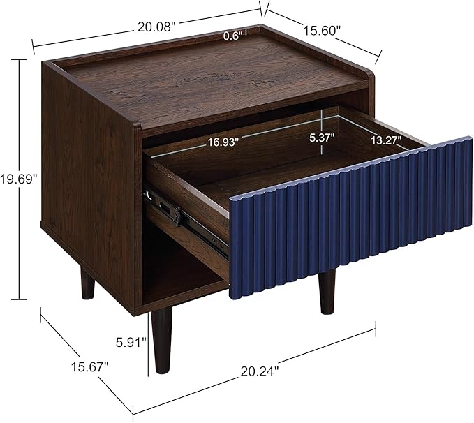 Manhattan Comfort Duane Mid Century Modern Ribbed Nightstand and Coffee Table with Storage, Living Room Furniture with Cabinet, Shelves and Iron Metal Feet, Set of 2, Navy Blue