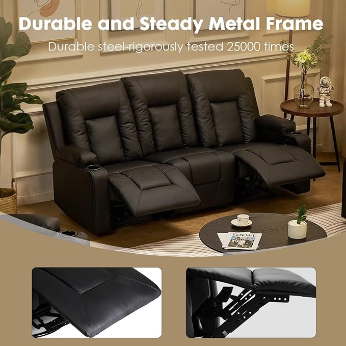 LUCKLIFE Leather Recliner Sofa Set with Manual Recliners,Living Room Furniture Set with Reclining Couch,Loveseat and Armchair,Living Room Chair with Cup Holders,Black (3+1+1)