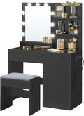 VASAGLE Vanity Desk with Mirror and Lights, 35.4-Inch Wide Makeup Vanity with Upholstered Vanity Stool, Power Outlets, Dimmable LED Lights, Storage Drawer, for Bedroom, Ink Black URDT128B01