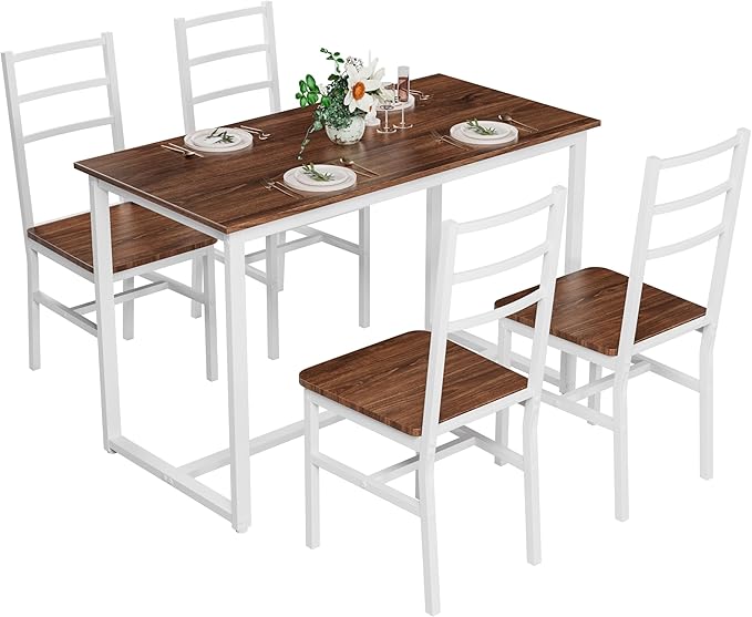 Ball & Cast Dining Table Set with Long Table and 4 Chairs,5-Piece Living Room Furniture W/ 47" Rectangle Kitchen Table,Living Room Furniture W/Backrest Chair,for Small Space,Brown+White