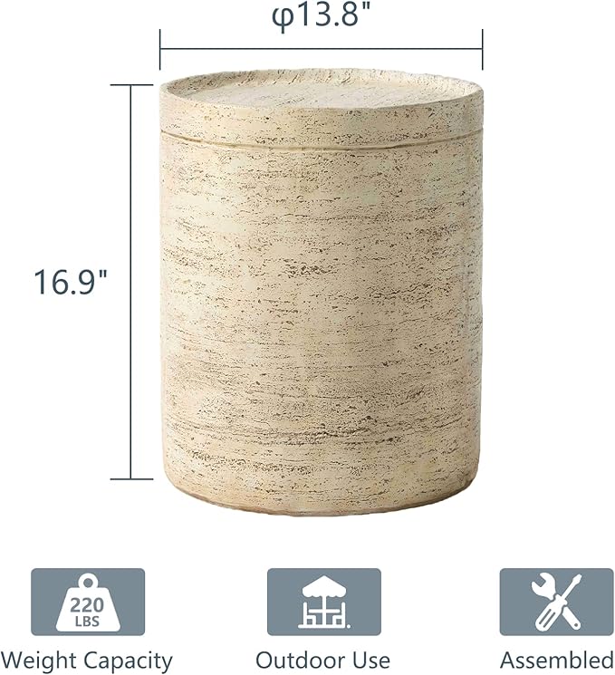 COSIEST Outdoor Side Table, Cylinder Shaped MgO Patio End Table, Lightweight Accent Table with Tray Top, Round Plant Stand Tool for Garden and Deck, Beige
