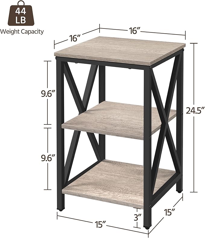 Yaheetech End Table Living Room, 3-Tier Side Table with Storage Shelves for Home Office, Industrial X Design Sofa Tables with Strong Metal Frame, Easy Assembly, Gray