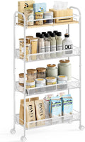 KINGRACK Metal Slim Rolling Cart,4-Tier Metal Utility Cart,Storage Cart with Wooden Tabletop, for Narrow Space on Laundry Bathroom Kitchen Room Bedroom Apartments Dormitory (Pure White, Slim)