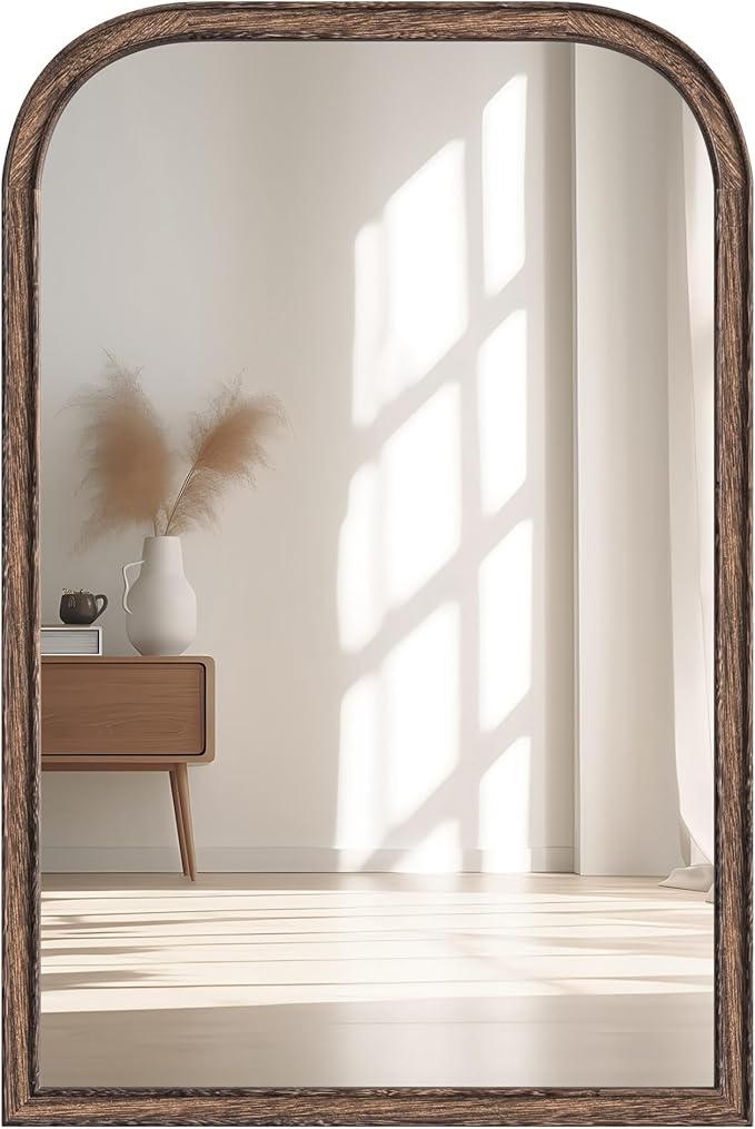 20"x30" Solid Wood Bathroom Mirror Arch Tempered Glass for Wall Mounted, Rustic Wood Frame Wall Mirror Decorative for Living Room Bedroom Vanity Mirror Entryway Mirror, Rustic Brown