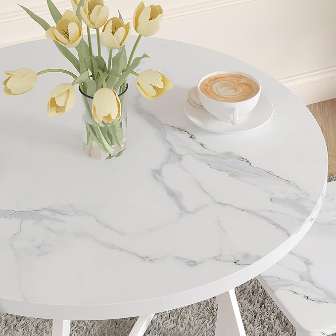 VECELO Small Round Dining Table Set for 2, Wood Tabletop with Strong Metal Frame, Modern Dinette with Chairs for Kitchen, Breakfast Nook Living Room, Faux Marbled & White