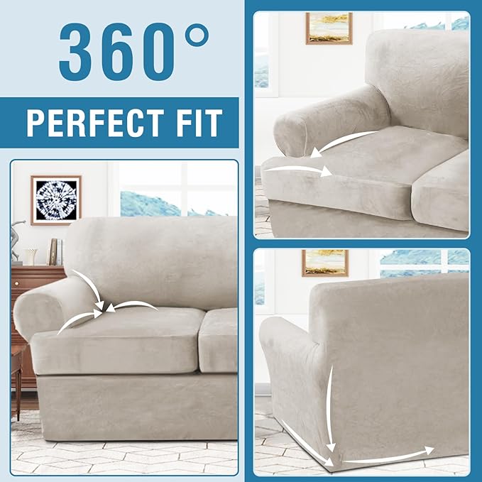 H.VERSAILTEX Sofa Cover 3 Piece T Cushion Sofa Slipcovers Thick Velvet Couch Cover Stretch T Cushion Sofa Covers for 2 Cushion Couch with 2 Individual T Cushion Covers, French Oak