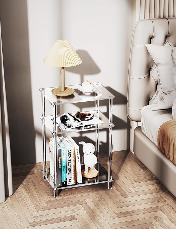 Acrylic Side Table Clear 3-Tier End Table for Living Room, Office, Hallway, Bedroom Small Bedside Table
