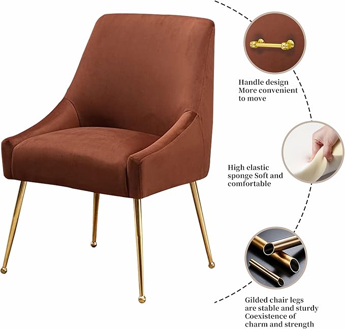 Modern Velvet Dining Chairs Set of 4, Contemporary Upholstered Furniture Collection with Polished Gold Metal Legs, Elegant Accent Chairs for Kitchen Living Room(Brown)
