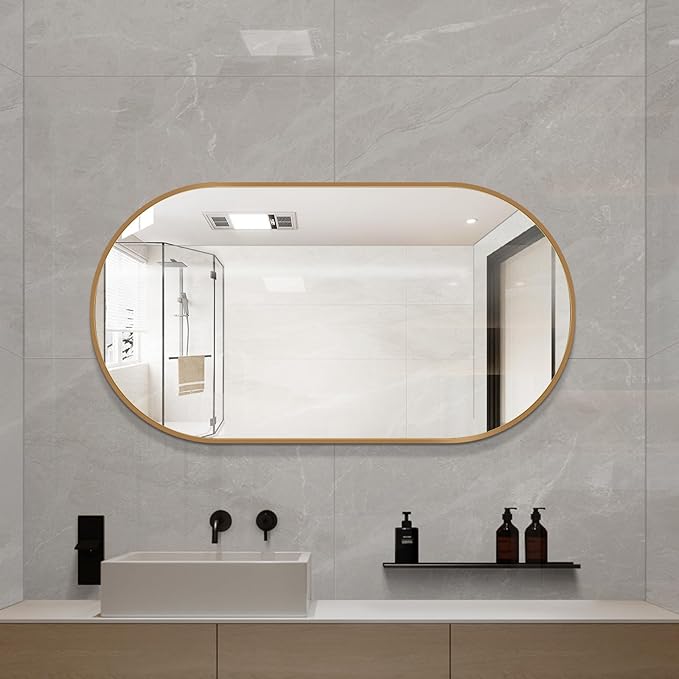 LAIYA 33x20inch Oval Wall Bathroom Mirror with Golden Aluminum Frame,Wall Mounted Oval Vanity Mirrors， Explosion-Proof Glass, Waterproof Design, Easy Installation，Horizontally/Vertically