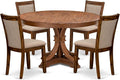 F7MZ5-50N-04 5-Pc Dining Table Set Includes a Pedestal Dinner Table and 4 Light Tan Polyester Fabric Parson Chairs with Padded Back- Antique Walnut