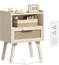 Lerliuo Rattan Nightstand with Charging Station, Side Table with Drawer Open Shelf, Cane Accent Bedside End Table with Solid Wood Legs, Night Stand for Bedroom, Dorm and Small Spaces (Grey White)