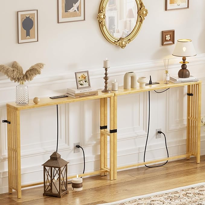 2 Pack Narrow Console Table Bamboo, 78.8" Long Entryway Tables with 2 Power Outlets and USB-C Ports, Couch Table Behind Sofa for Display, Hallway, Living Room, Bedroom, Foyer, Natural