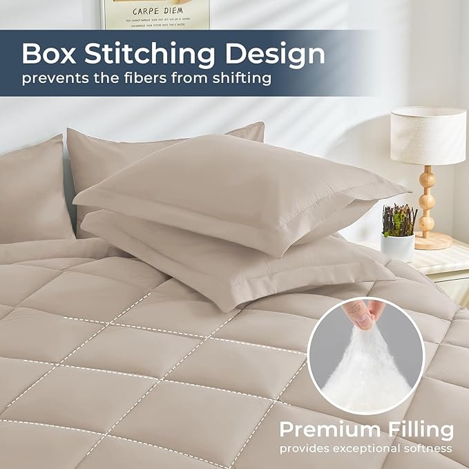 HEVUMYI Khaki King Comforter Set - 7-Piece All Season Bed in a Bag King, Ultra Soft Bedding Set with Comforter, Flat Sheet, Fitted Sheet, Pillowcases, Pillow Shams
