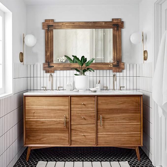 MeMoreCool Rustic Wood Mirror for Bathroom, Decorative Framed Farmhouse Vanity Mirror, Wall Mounted Rectangular Mirror for Bedroom or Living Room, Small 20x30 Inch