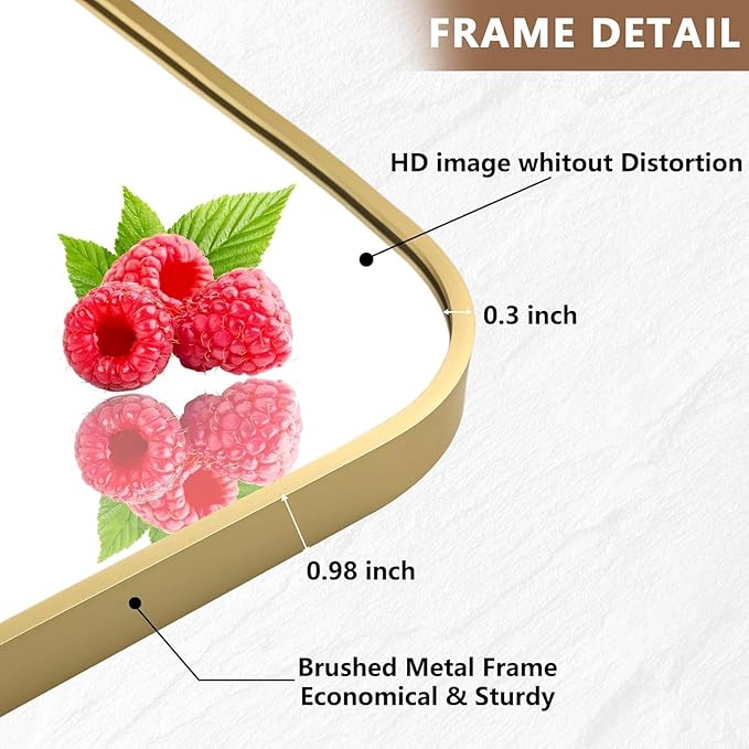 Brushed Gold Mirror, 26"x38" Rectangle Bathroom Mirror, Metal Frame Rectangle Corner Vanity Mirror, Wall Mounted Mirror for Modern, Living Room, Bedroom, Horizontal Or Vertical