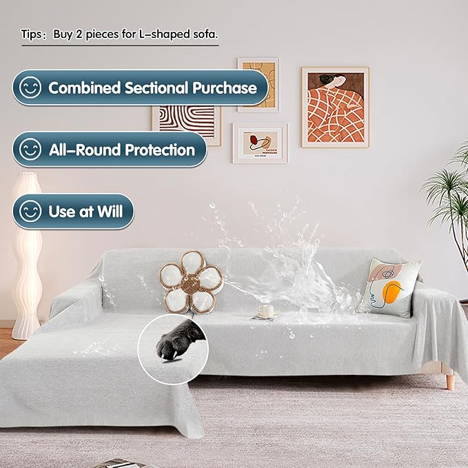STACYPIK Thick Waterproof White Sofa Cover for Dogs, Anti-Scratch Pet Couch Cover for 3 Cushion Couch,Washable Non Slip Couch Cover for Loveseat, Multi-use L-Shaped Throw Cover for Sectional-71X150IN