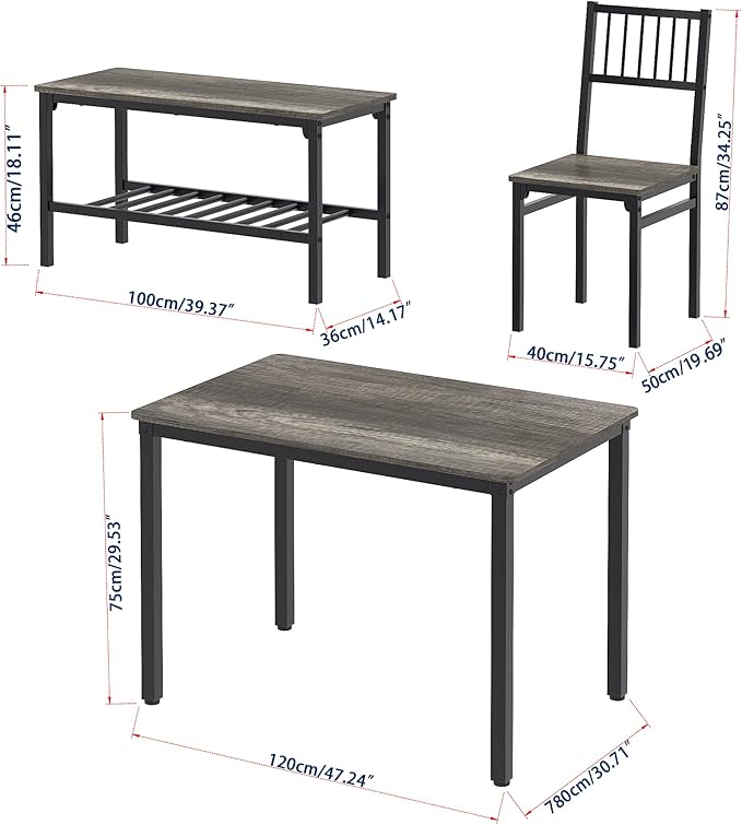 Teraves Dining Table Set for 4/Computer Desk,Kitchen Table with 2 Chairs and a Bench,Table and Chairs Dining Set 4 Picce Set for Dining Room (Black Oak+Black Frame,120CM)