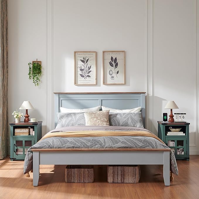 Farmhouse Nightstand with Charging Station, Rustic End Table with Tempered Glass Barn Door, Wood Sofa Side Bedside Table with Open Storage Shelf for Living Room, Bedroom, Green