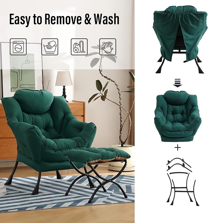 Modern Lazy Chair with Folding Footrest, Lounge Accent Reading Chair (Dark Green)