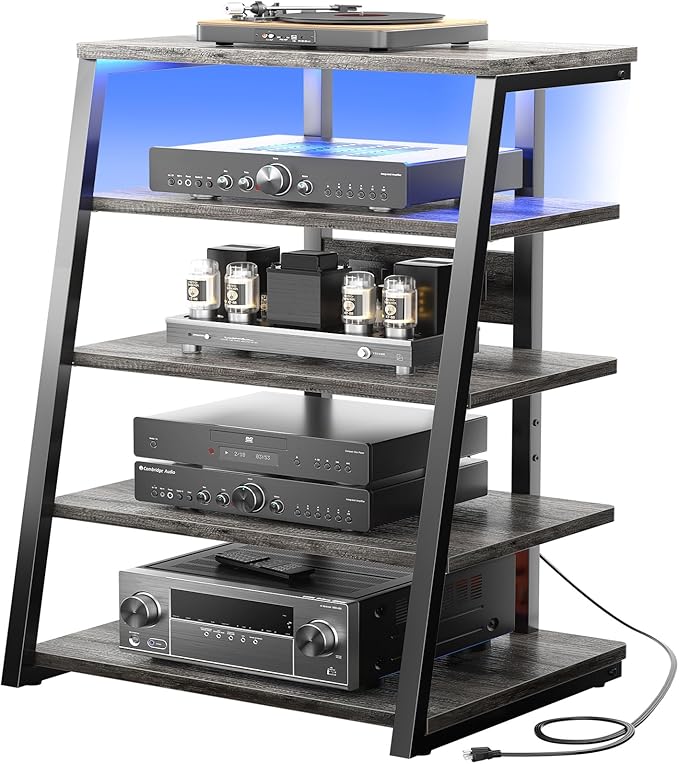 Armocity 5-Tier AV Media Stand with Power Strips, Media Console with LED Lights, Audio Tower Rack with Adjustable Shelves, Stereo Stands and Racks, 40.8'', Grey Oak