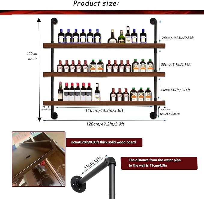 47.2in Large Wine Rack with LED Light Solid Wood Wall Mounted Wine Rack, 3-Tiers Liquor Bottles Floating Shelves Display Storage Organizer for Home Bar & Dining Room (120cm/47.2in)