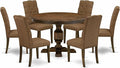 East West Furniture F3EL7-718 7 Piece Kitchen Table Set Consist of a Round Dining Table with Pedestal and 6 Brown Linen Linen Fabric Parsons Dining Chairs, 48x48 Inch, Distressed Jacobean