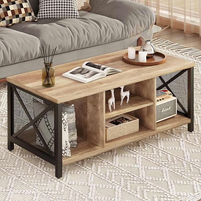 FATORRI Coffee Table for Living Room, Rustic Wood Center Table with Shelves, Farmhouse Rectangle Cocktail Tea Tables (Rustic Oak)