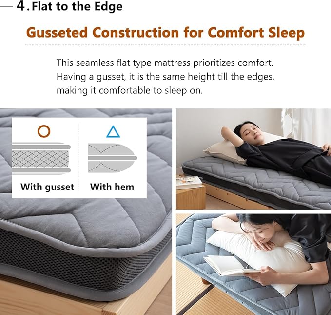 EMOOR Japanese Wool-Blend Padded Futon Mattress GOMA Full Dark Gray, Gusset Foldable Sotrable Elastic Bands Floor Sleeping Guest Bed Tatami Mat