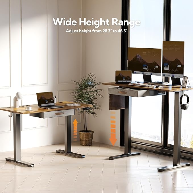 Seang Standing Desk with Drawer, 55" x 24" Height Adjustable Stand Up Desk, 3 Memory Height Settings with Cable Grommets & Storage Hooks, Ideal for Home & Office, Rustic Brown