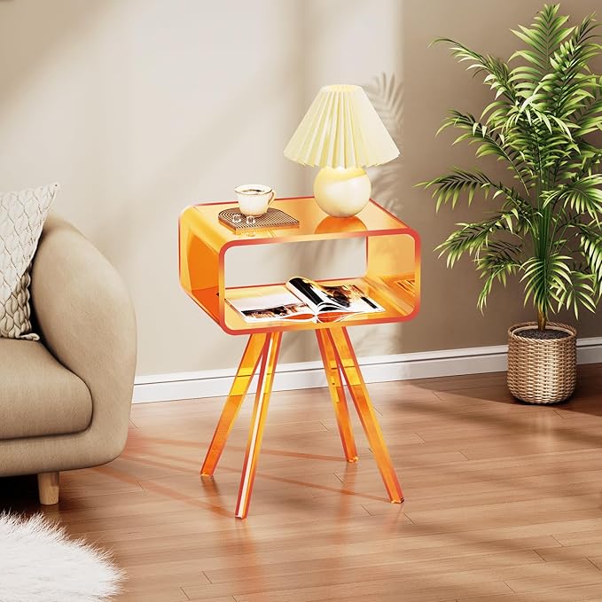 Acrylic Side Table, Acrylic Nightstand Bedside Table for Bedroom (Orange, 16.1'' x 11.8'' x 19.7'')