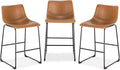 POLY & BARK Bar Stools Set of 3 – 34" Counter Height Chairs with Back, Tan PU Leather Seats with Metal Legs, Modern Industrial Style for Kitchen Island