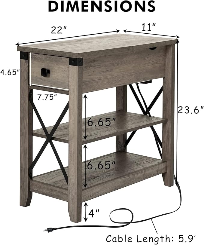 Narrow End Table with Charging Station - Farmhouse Slim Side Table Set of 2, w/USB Ports Power Outlets, Nightstand w/Flip Top Storage Drawer, for Small Spaces Living Room Bedroom, Gray