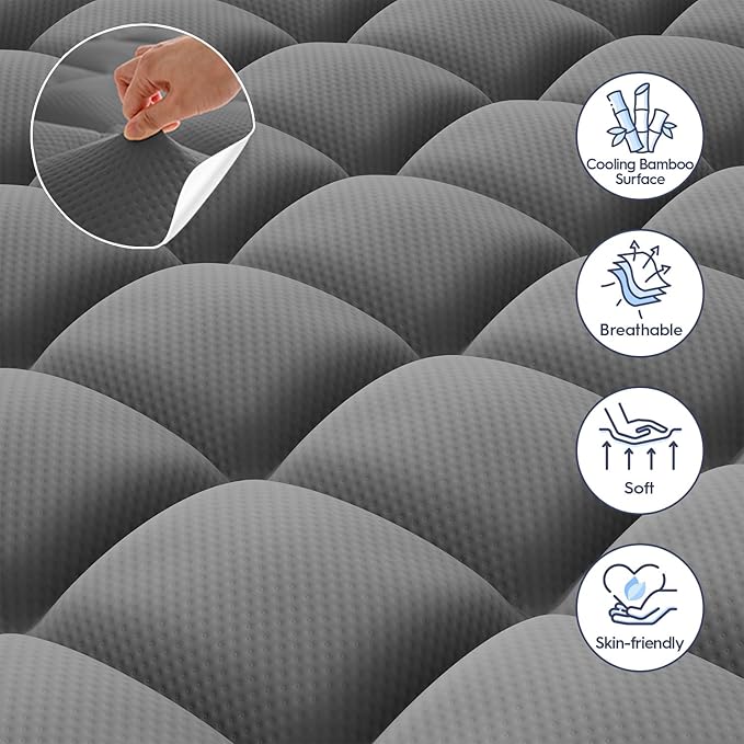 ELEMUSE Dual Layer 3 Inch Memory Foam Mattress Topper Queen, 2 Inch Cooling Gel Memory Foam Plus 1 Inch Down Alternative Pillowtop Mattress Pad with Cooling Cover, Soft Comfort Support, Grey