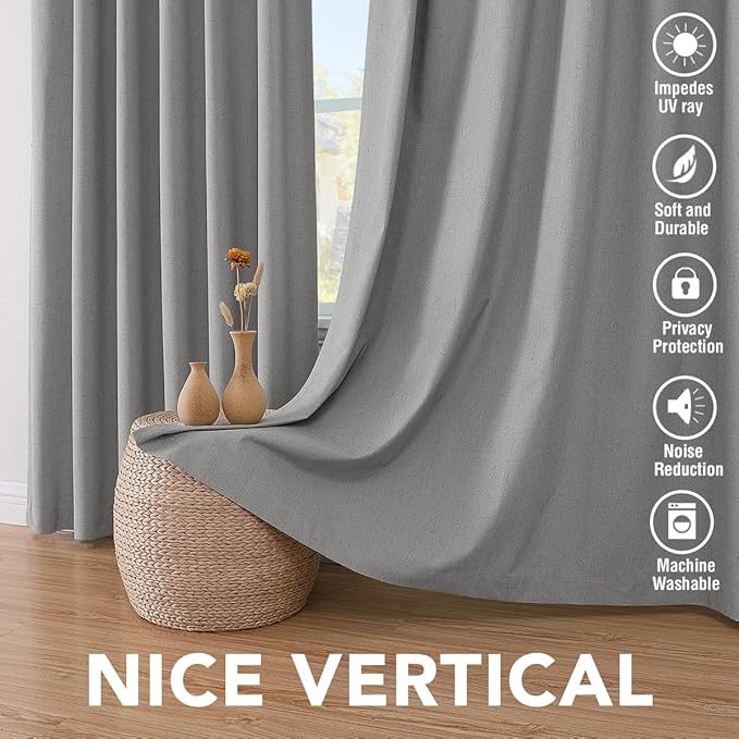 H.VERSAILTEX Linen Blackout Curtains 84 Inches Long, 100% Absolutely Blackout Thermal Insulated Textured Linen Look Curtain Draperies Anti-Rust Grommet with White Liner, 2 Panels, Dove Gray