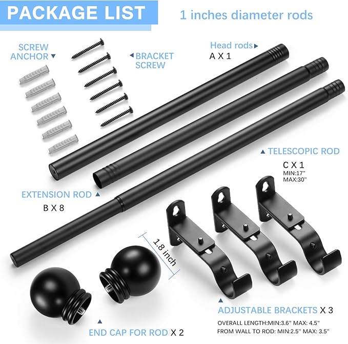 Curtain Rods for Windows 16 to 150 Inches, Curtain Rod Max Adjustable Length of 160 IN, 1" Diameter Drapery Rods Round Finials, Black, Pack of 1