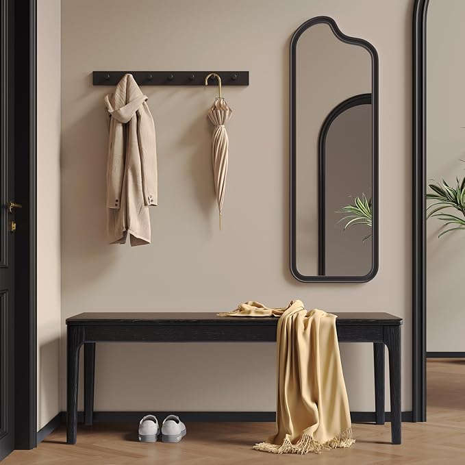 Dining Bench, Wood Bench Solid Oak Wooden Bench Indoor Dining Room Table Home Bedroom Bed End Restaurant Modern Hallway Furniture (Black, 43.3" W x 13.8" D x 17.7" H)
