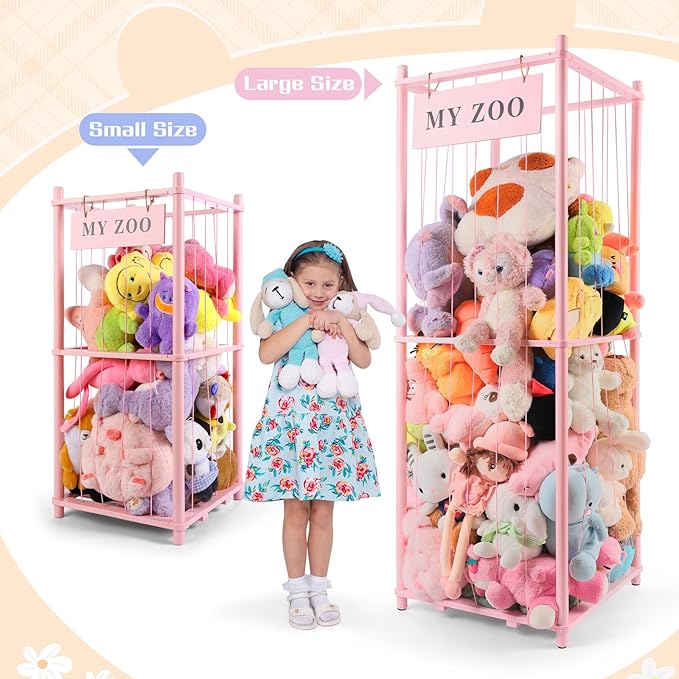 Stuffed Animal Storage Zoo, Wooden Stuffed Animal Organizer with Elastic Cords for Boys Girls, Space Saving Toy Plushies Storage Holder for Playroom, Bedroom, Living Room (Pink, Large)