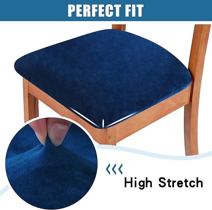 Smiry Velvet Seat Covers for Dining Room Chair Set of 4, Stretch Fit Removable Washable Chair Seat Cushion Protector Slipcovers with Ties, Federal Blue