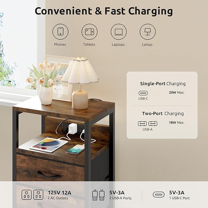 NightStand Bedside Charging Table Bedroom - Night Stand with Charger Station, Modern Nightstand with Open Shelf & 3 Fabric Drawers, Bed Side Table USB-C USB Ports & AC Outlets for Dorm Living Room