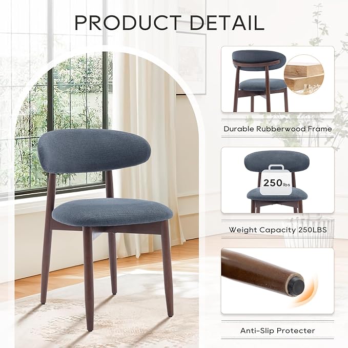 COLAMY Wooden Dining Chairs Set of 6, Modern Fabric Upholstered Dining Room Chair, Farmhouse Kitchen Chairs with Foot Pegs, Blue