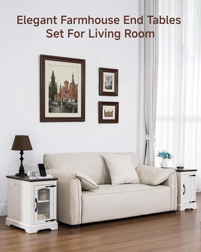 Narrow Side Table with Charging Station,13.8" W End Table with Storage for Sofa Couch or Bed Side with Outlets & USB Ports,Farmhouse Nightstand for Bedroom, Living Room (White & Walnut)